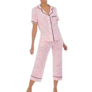 Room Service Womens 2-Piece Lightweight Short Sleeve Collar Crop Pants Pajamas M
